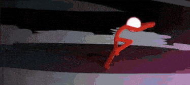 a red stick figure is running through a dark room with a white ball in his hand .