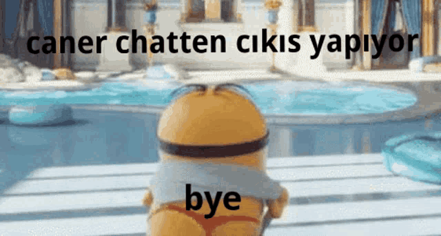 a minion in a bikini is standing in front of a pool with the words bye written on it .