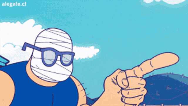 a cartoon drawing of a man with bandages on his face pointing