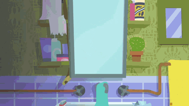 a cartoon illustration of a bathroom with a cactus and a bottle of razor on a shelf