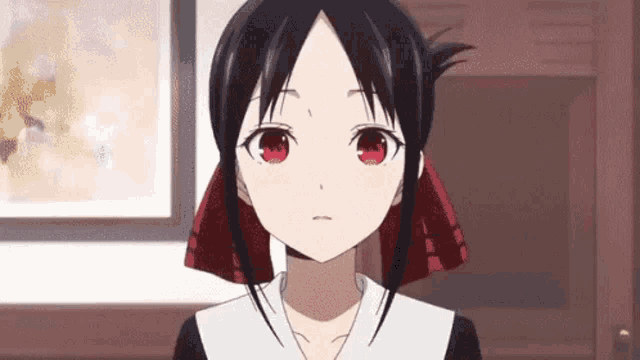 a close up of a anime girl with red eyes and a scarf in her hair .