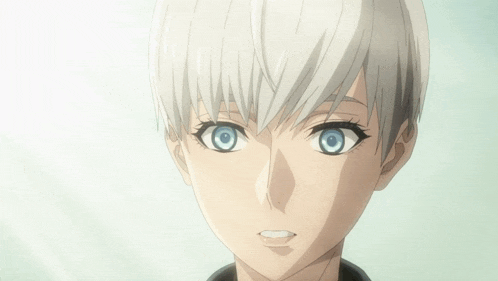 a close up of a person with blue eyes