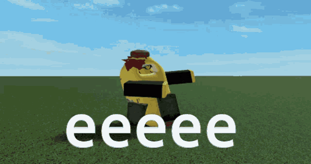 a cartoon character is standing in a field with the word eeee written in white