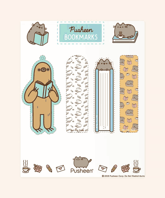 a set of pusheen bookmarks with a sloth reading