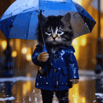 a cat in a blue coat holding a blue umbrella