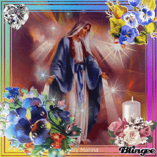 a painting of a woman with flowers and a candle by marina