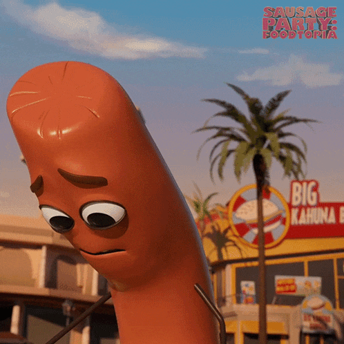a sausage from sausage party is standing in front of a big kahuna burger restaurant