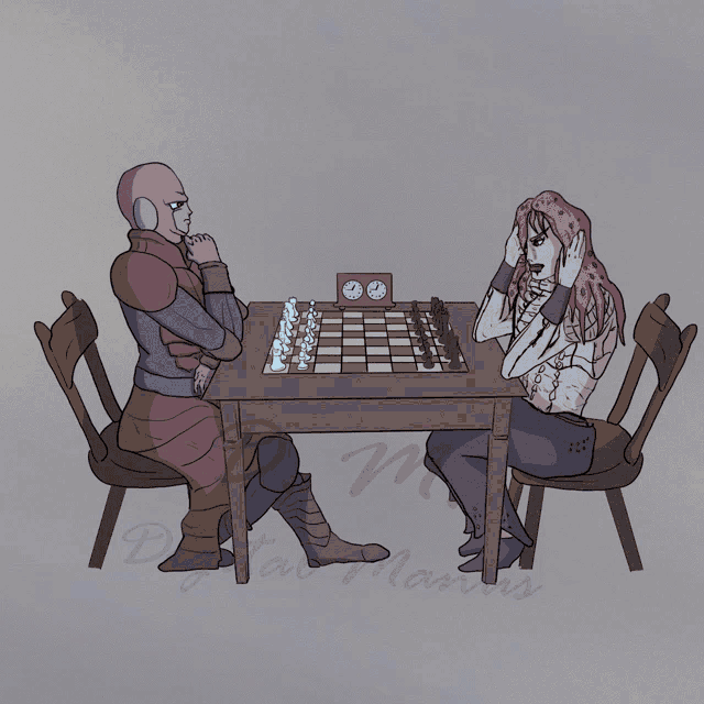 a drawing of a man playing a game of chess with a digital maris logo in the corner