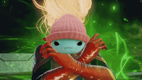 a video game character with a pink hat and red gloves