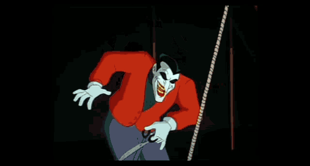 a cartoon of the joker laughing with the word merch in the background