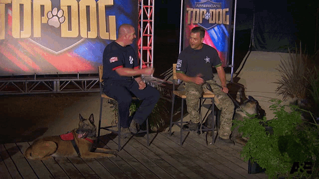 two men sit in front of a sign that says " top dog "