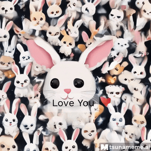 a bunch of rabbits are surrounding a white rabbit with the words " love you " on it