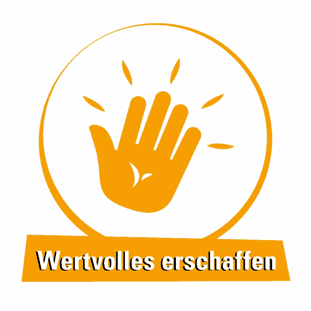 a circle with a hand in it and the words wertvolles erschaffen below it