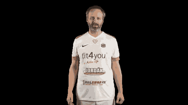 a man with a beard is wearing a white shirt that says fit4you