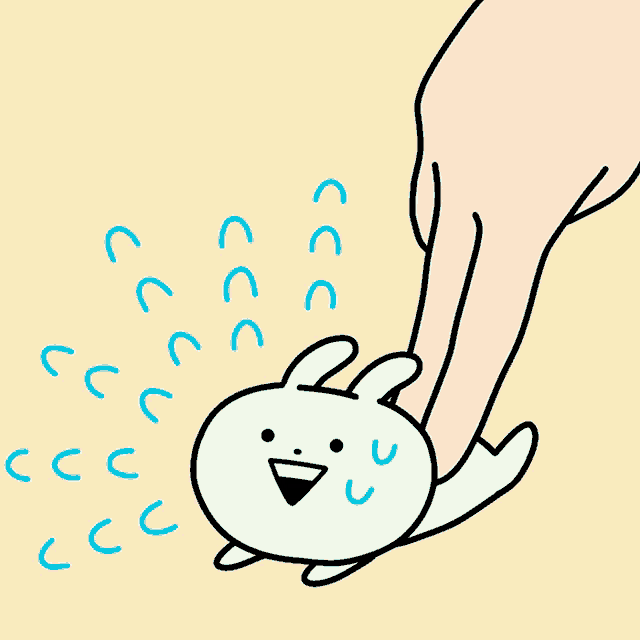 a cartoon drawing of a rabbit being touched by a person 's hand