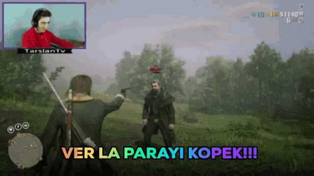 a video game screen shows a man pointing a gun at another man with the caption ver la parayi kopek