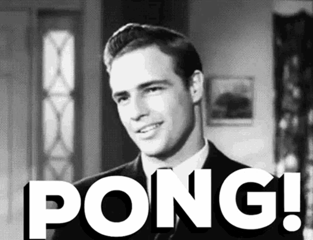 a black and white photo of a man with the word pong written in white