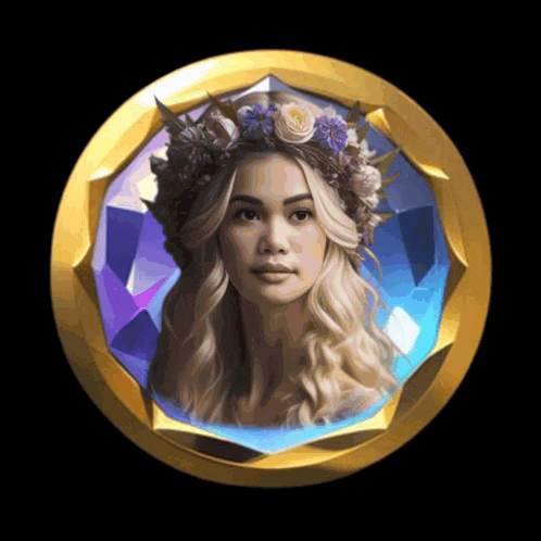 a woman with a flower crown on her head is in a gold circle