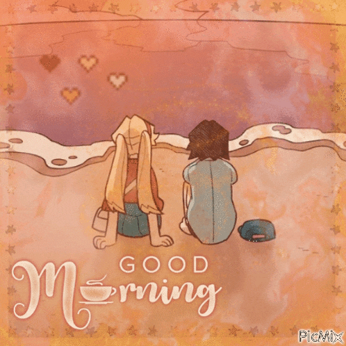 a cartoon of two people sitting on a beach with the words " good morning " below them