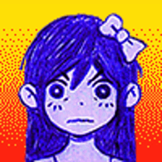 a cartoon girl with blue hair and a bow in her hair is making a funny face .