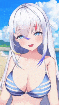 a girl with white hair and blue eyes is wearing a bikini