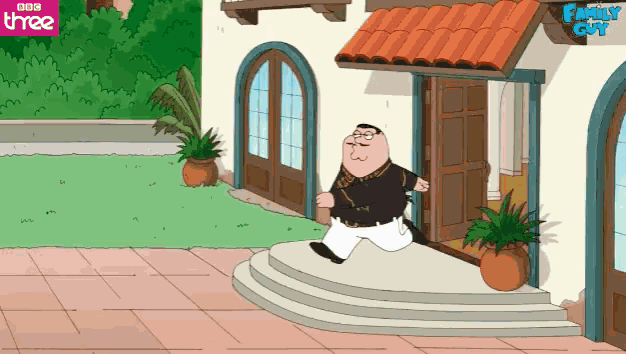a cartoon of peter griffin running out of a house with bbc three written on the bottom