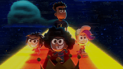 a group of cartoon characters are standing next to each other with one wearing a crown
