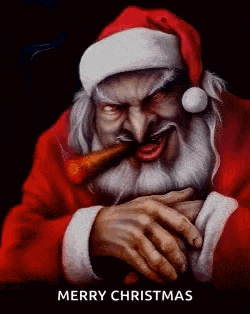 a painting of an evil santa claus smoking a cigar .