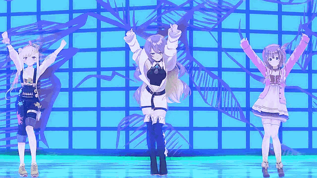 three anime girls dancing in front of a blue wall