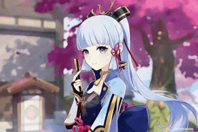 a girl with blue hair is holding a gun in front of a cherry blossom tree .