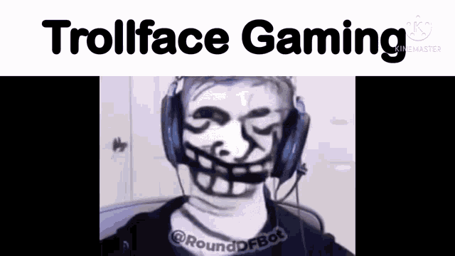 a man wearing headphones with a troll face painted on his face