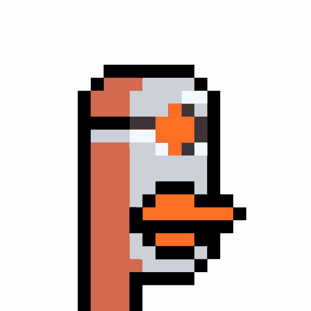 a pixel art drawing of a duck with a red eye and an orange beak .