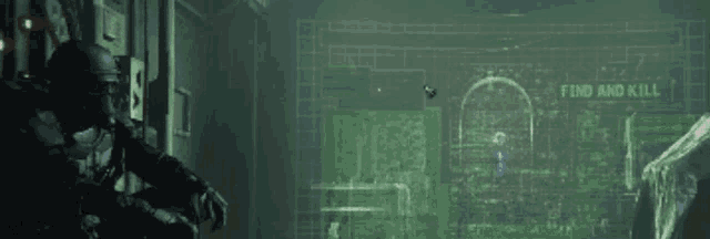 a man in a helmet stands in front of a wall that says find and kill