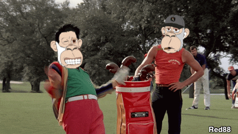 a couple of monkeys standing next to a golf bag with the number red88 on the bottom right