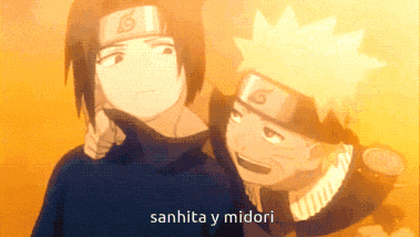 a couple of anime characters standing next to each other with the words sanhita y midori on the bottom