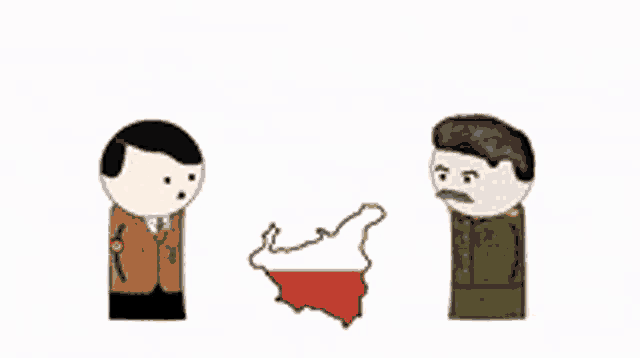 a cartoon of hitler and stalin standing next to each other in front of a map