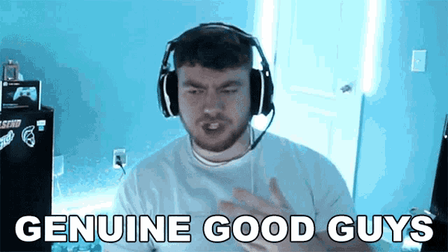a man wearing headphones says " genuine good guys " in a video