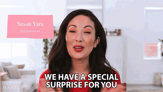 a woman says " we have a special surprise for you " in a video