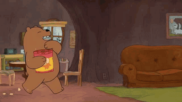 a cartoon bear is holding a bag of chips while another bear cleans the floor