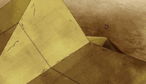 a cartoon drawing of a pyramid with a red object in the background
