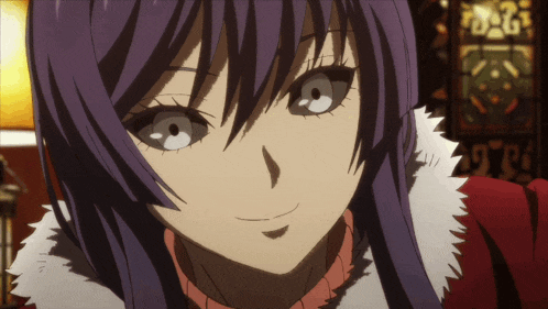 a close up of a girl 's face with purple hair and white eyes