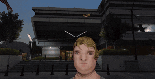 a man with a bloody head is standing in front of a building with a sign on it that says ' ambulance '