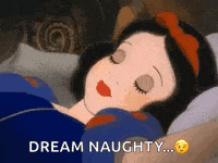 snow white is sleeping in a bed with her eyes closed and the words dream naughty .
