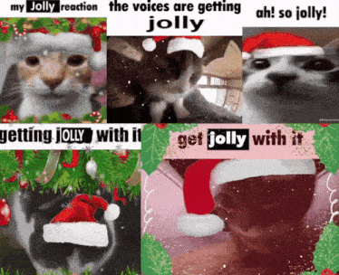 a collage of christmas pictures with the words " my jolly reaction the voices are getting jolly " at the top