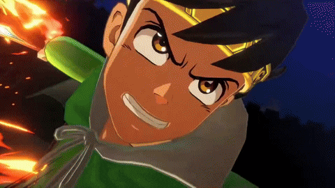 a close up of a cartoon character 's face with a sword in his hand