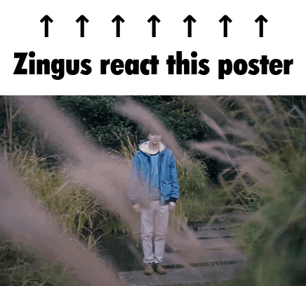 a man in a blue jacket is standing in a field with arrows pointing up and the words zingus react this poster underneath him