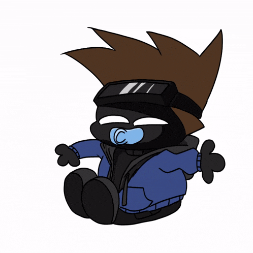 a cartoon character with a pacifier in his mouth is wearing a blue jacket