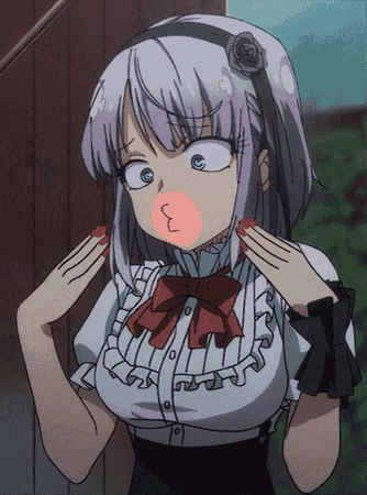a girl with purple hair blowing a pink bubblegum