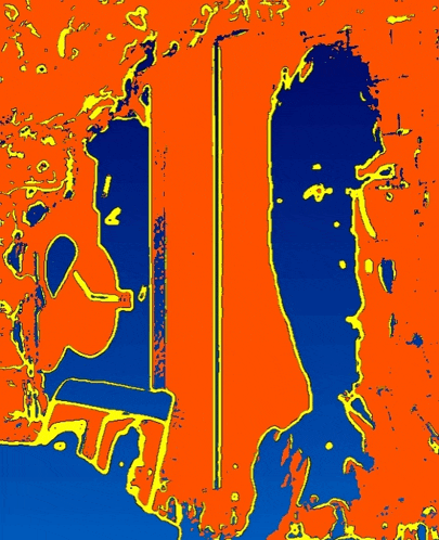 a drawing of a blue and orange background with the letter l in yellow