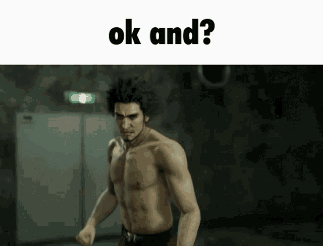 a man without a shirt is standing in a dark room with the words ok and ? below him .